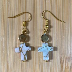 Gold and White Cross Earrings